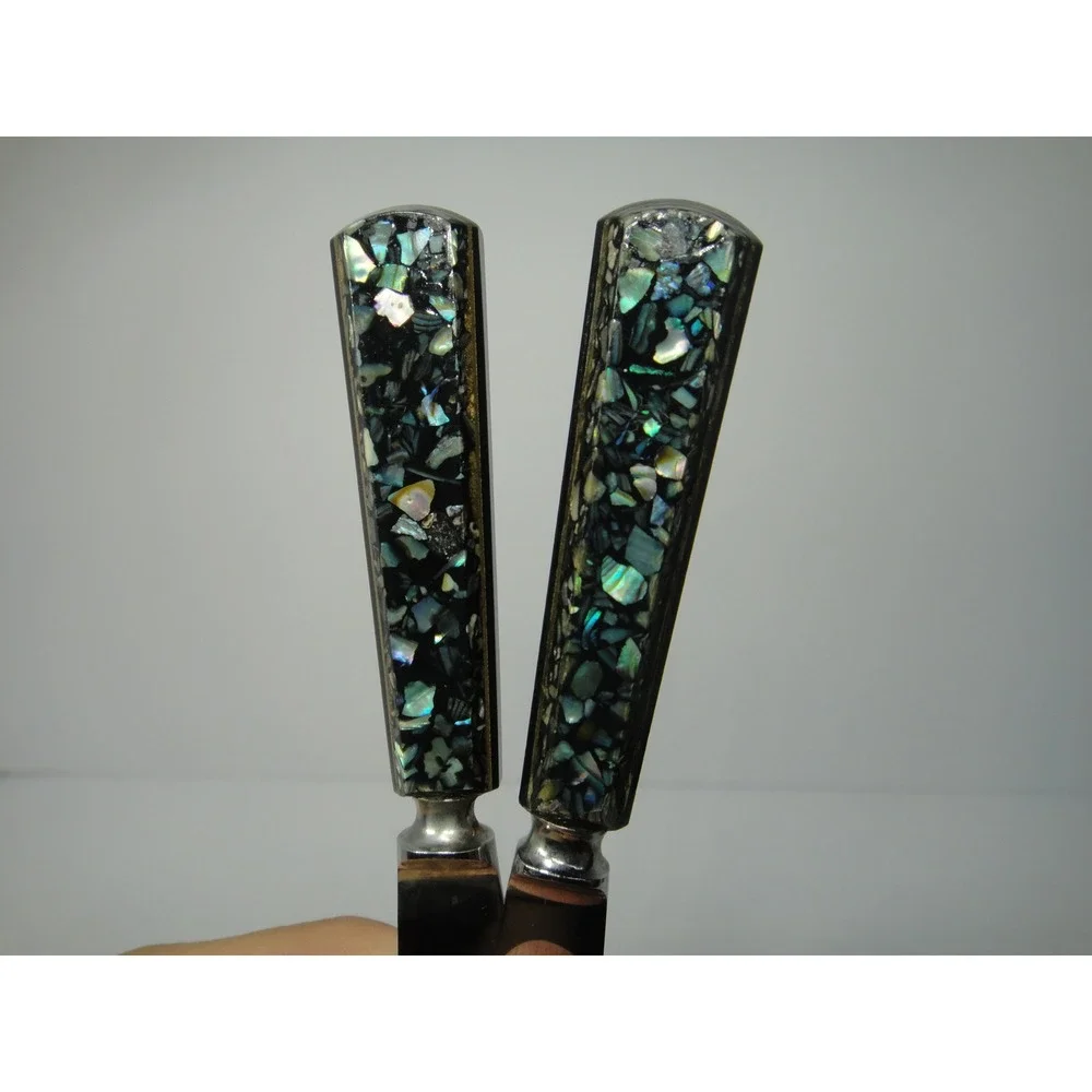 Vintage Sheffield England Abalone Shell Mosaic Butter Knife Spreader Set of 2